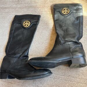 Vintage Tory Burch Black Leather Knee-High Boots with Gold Logo